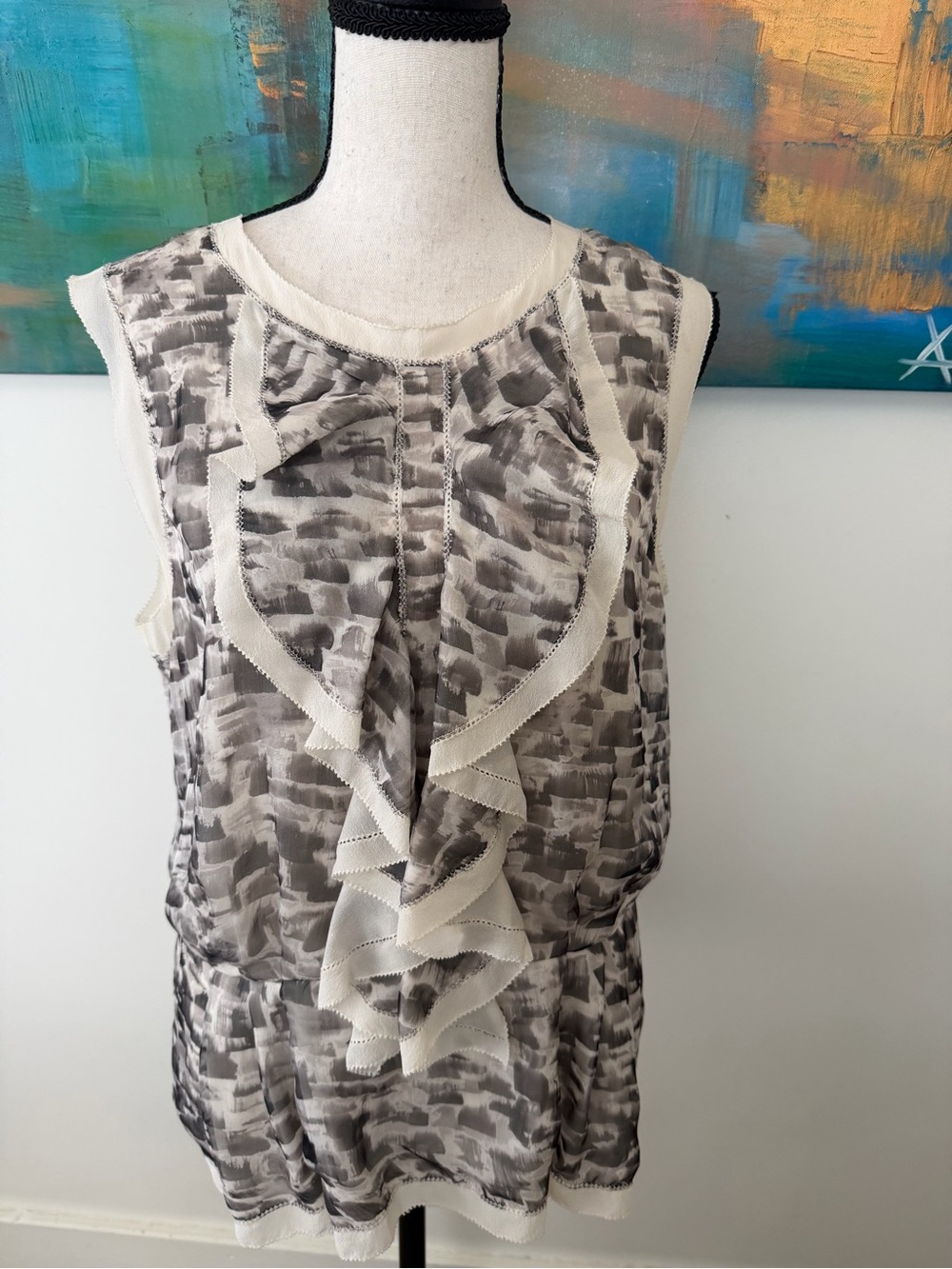 Vintage Oscar de la Renta Gray And Cream Abstract Brushstroke Silk Blouse 10